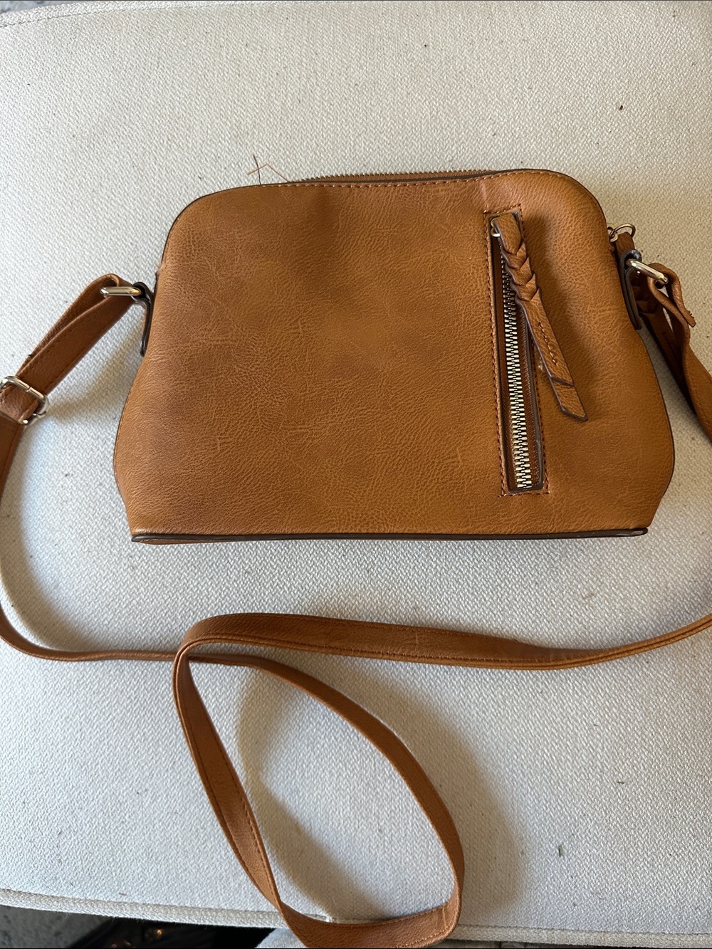 George Tan Crossbody Bag with Front Zip and Braided Pull